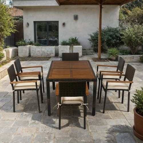 7 piece Outdoor Patio Set Patio Wicker Furniture Acacia Wood Top Brown Wicker - Picture 5 of 16