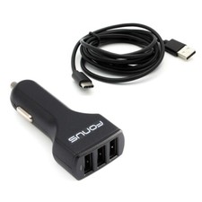 3-Port USB 36W Car Charger 4.8A Type-C Cable 6ft Power Adapter for Cell Phones