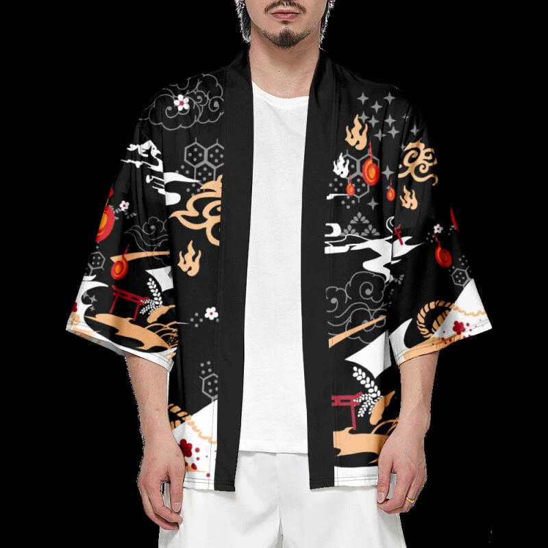 Herren Japanische Kimono Mantel Aufdruck Vorn zu Öffnende Strickjacke 3/4, Lose - Bild 3 von 4