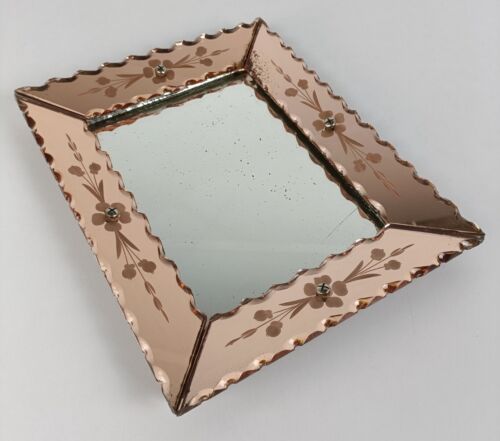 Small Venetian Mirror Ornate Etched Cut to Clear Glass Panels Pink Clear Art Nou - Picture 2 of 9