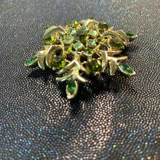 Vintage Prong Set Tri Tone Green Rhinestone Gold Tone Brooch 1.75" Signed Cora