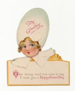 Antique Ephemera Easter Greetings from a Dainty Maid DieCut Egg Shaped Bonnet