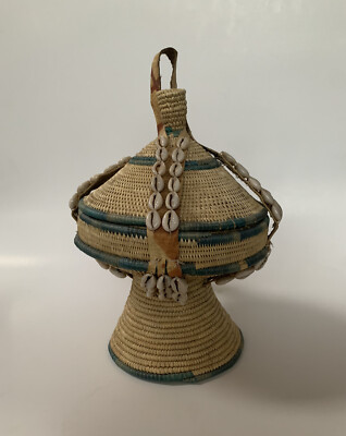 Vtg Lidded Basket African ? Vessel Leather Cowrie Shell Wrap Native Weaving