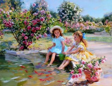 Giclee Two little girls playing by the pool painting Printed on canvas