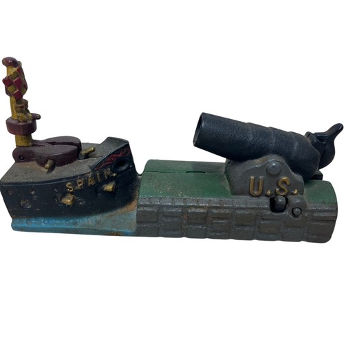 U.S. Spain Cannon Mechanical Coin Bank Cast Iron
