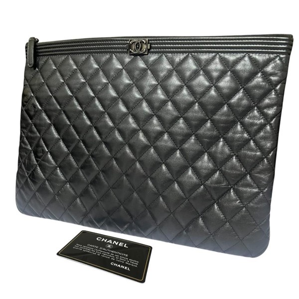 CHANEL Boy Lambskin Clutch Bag Black Authentic Luxury Designer Handbag