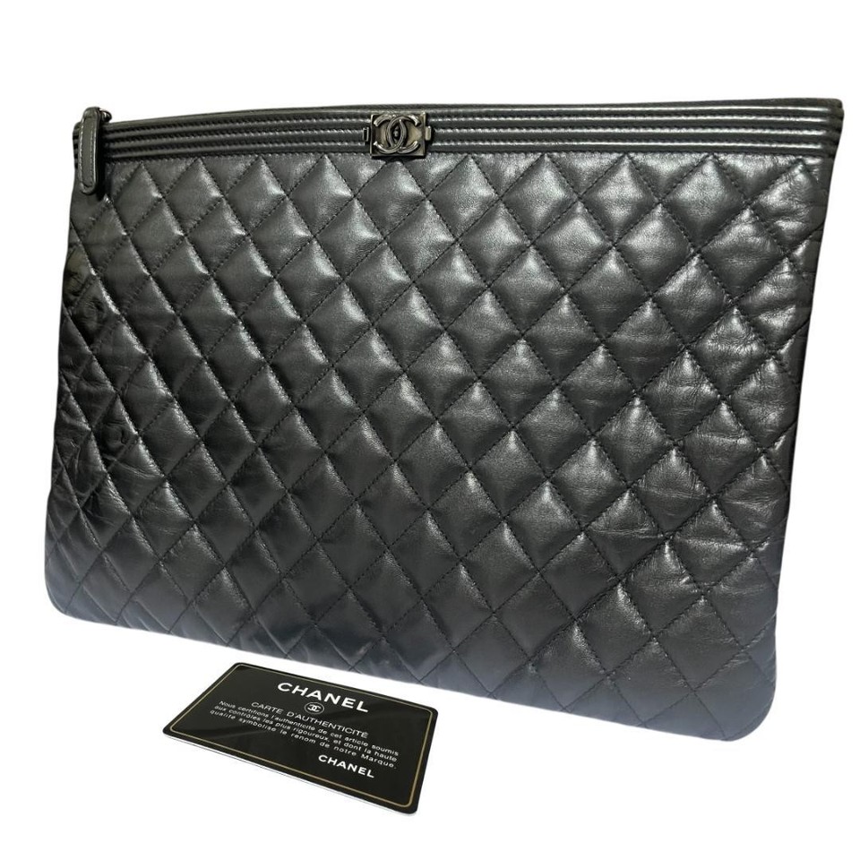 CHANEL Boy Lambskin Clutch Bag Black Authentic Luxury Designer Handbag