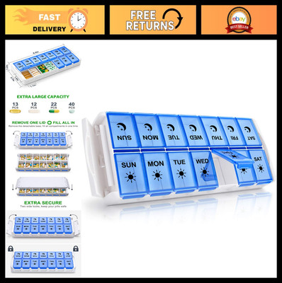 Extra Large 7-Day Pill Organizer, AM PM Weekly Medication Case, Quick Fill, Deta