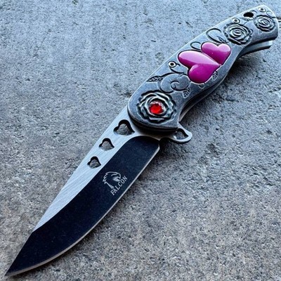 7'' Vintage Blue Cupid Heart Tactical Spring Assisted Pocket Knife Open Blade