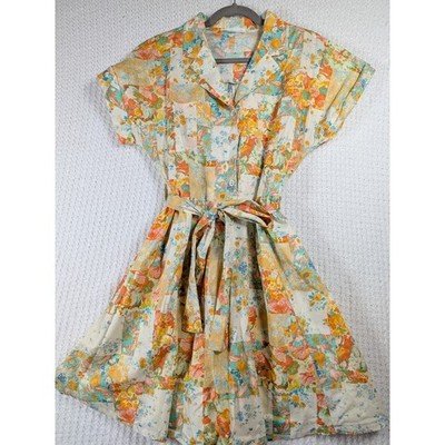 Talulah Patchwork Floral Button Front Shirt Dress Orange Yellow Blue L Cottge