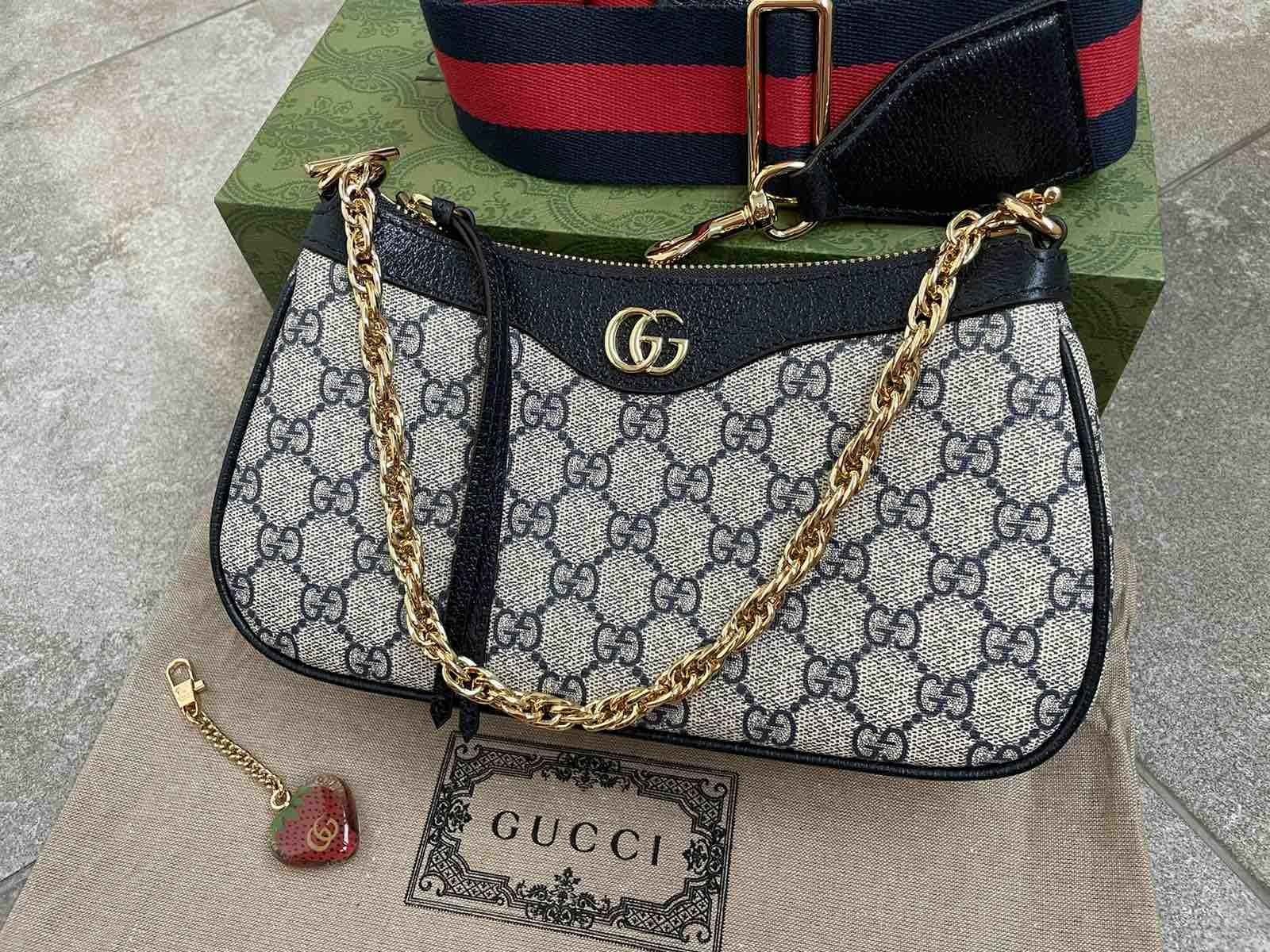 Gucci Ophidia Small Bag Supreme Blue GG Canvas Gold GG & Chain Purse 735132