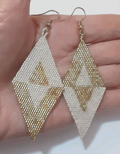 Glass Beaded Dangle Earrings Hand Sewn Geometric 1.25*3 Inch