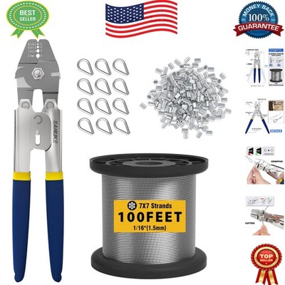 Wire Rope Crimping Tool Kit: 100FT 1/16'' Stainless Steel Cable for DIY Projects
