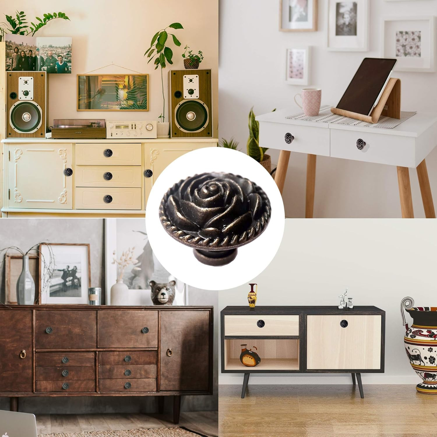 Vintage Rose Cabinet Knobs, Antique Bronze Cupboard Dresser Door Pull round Zinc