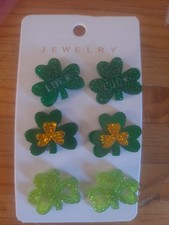 St Patricks Day 3 Clover Design Dangle Acrylic Earrings Gradient Shades Of Green