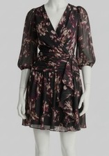 DKNY Women's Black Ruched Chiffon Faux Wrap Fit & Flare Mini Dress Size 4