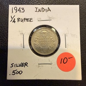 BRITISH INDIA 1/4 RUPEE 1943 Silver coin T320