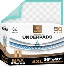 50 Count Incontinence Bed Pads Disposable 40'' x 36'' - 125 Gram Heavy Duty Supe