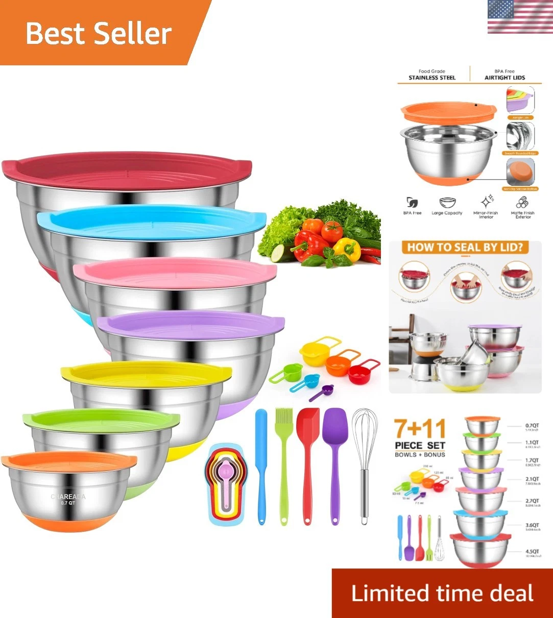 Colorful 7-Size Stainless Steel Mixing Bowls Set with Non-Slip Silicone Bottom