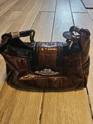 Western Faux Croc Shoulder Bag   Brown with Braided Strap & Heart Accent