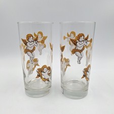 Vintage Culver Tall Cooler Barware Glasses Cherubs & Stars Set of 2 Made In USA