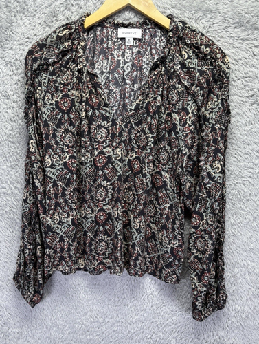 Evereve Sz M Top Kylie Ikat Black Floral V Neck Pleated Puff Sleeve Career - Picture 4 of 12