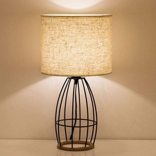 Farmhouse Cage Table Lamp, Black Chrome Metal Cage Base  Soft Linen Shade