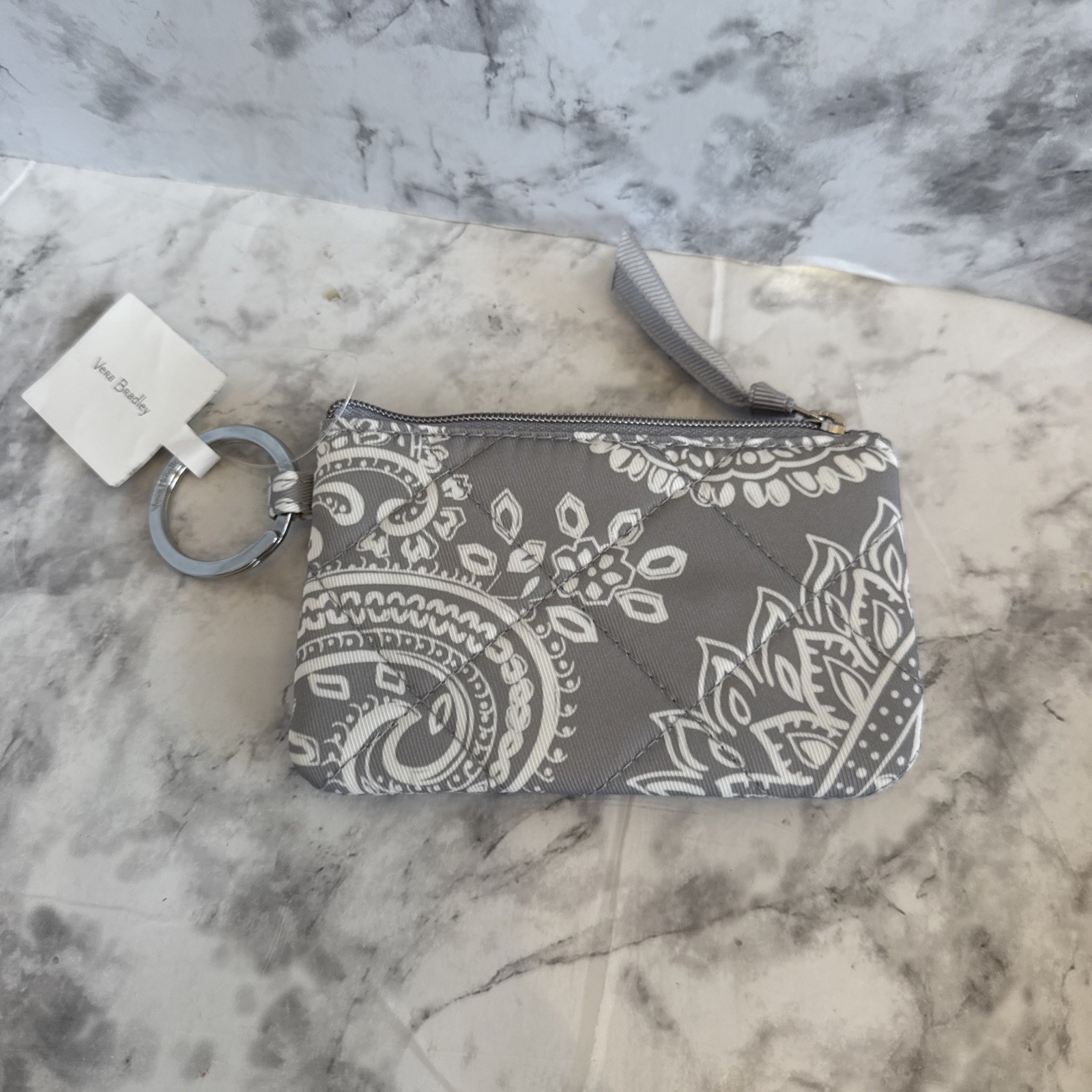 Vera Bradley Performance Twill Zip ID Key Ring  Wallet Cloud Gray Paisley NWT