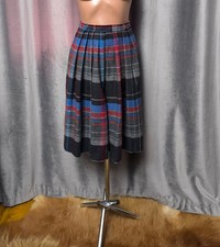 Plaid Tartan Pleated Midi Skirt Wool Blend A-Line Multicolor Size S