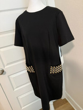 Black Shift Dress Size 10 NWT| | Calvin Klein | Gold Studded Pockets |Back Zip