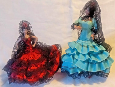 Vintage 2 x 70er kleine spanische Flamenco Tänzerin Puppen rot blau Kleid Retro