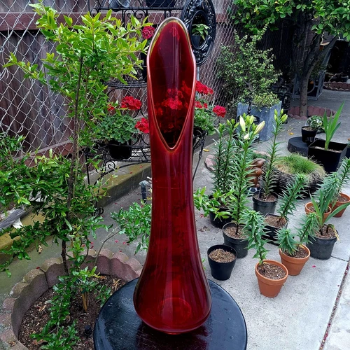 MASSIVE LE Smith RUBY RED Amberina MCM Art Glass SMOOTHIE Floor 33" SWUNG VASE
