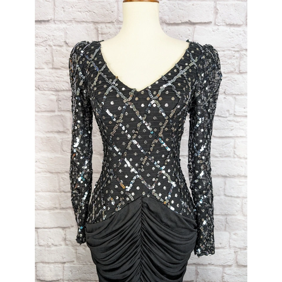 Sexy Formal de Lentejuelas de Encaje Negro De Colección Abierto Talla 7 8 Pequeño Mediano Años 80 90 Formal Foto 4 de 4