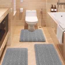 Grey Striped Chenille Bathroom Rug Set of 3 Soft Non Slip Toilet Mat Absorbent