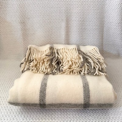 Evangeline Pure New Wool Ivory Black Windowpane Plaid Fringe Throw Blanket NWT