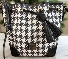 Dooney Bourke Houndstooth Black White Drawstring Bucket Crossbody Bag