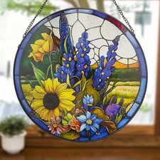 Sunflower Lavender Suncatcher Stained Glass Window Hanging, 9.8'' Hand-Painte...
