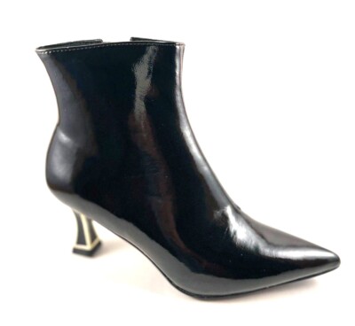EXE Erica-311 Black Patent Pointed Toe Mid Heel Dress Ankle Bootie Size 38( 7.5)