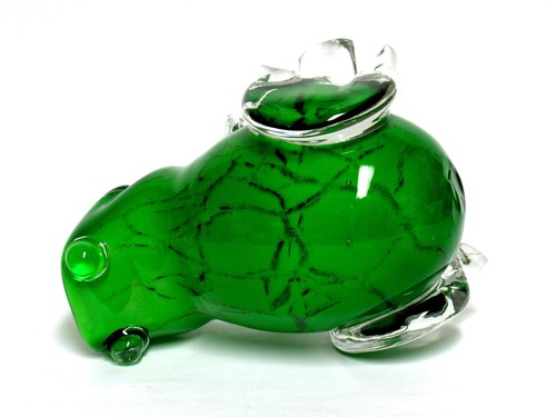 LG GREEN ART GLASS FROG FIGURE CANDY BOWL CASED WHT APPLIED CLR EYES FEET MADE? - Picture 9 of 18