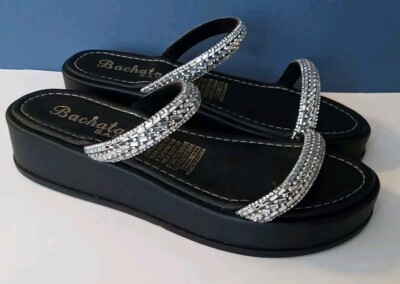 Bachata Women Black Chunky Embellish Jewel Slide On Sandals Shoes Size 6.5 (38)