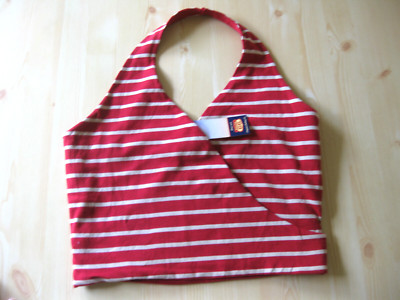 Route 66 Red Striped Halter Tank Top Vtg NWT Lg Stretch Cropped Crossover Style