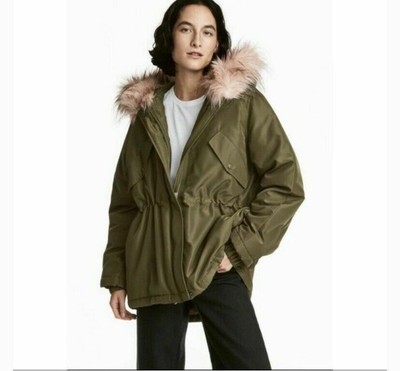 H&M Parka Coat Olive Green Shearling Lined Pink Faux Fur Fuzz Hood