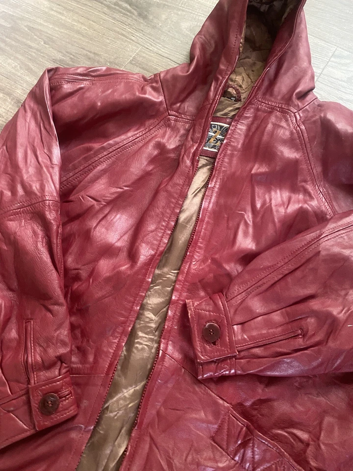 Izzi Hooded Leather Jacket Womens size small Zip Up Red Pockets Coat *no Zipper* - Image 2 of 4