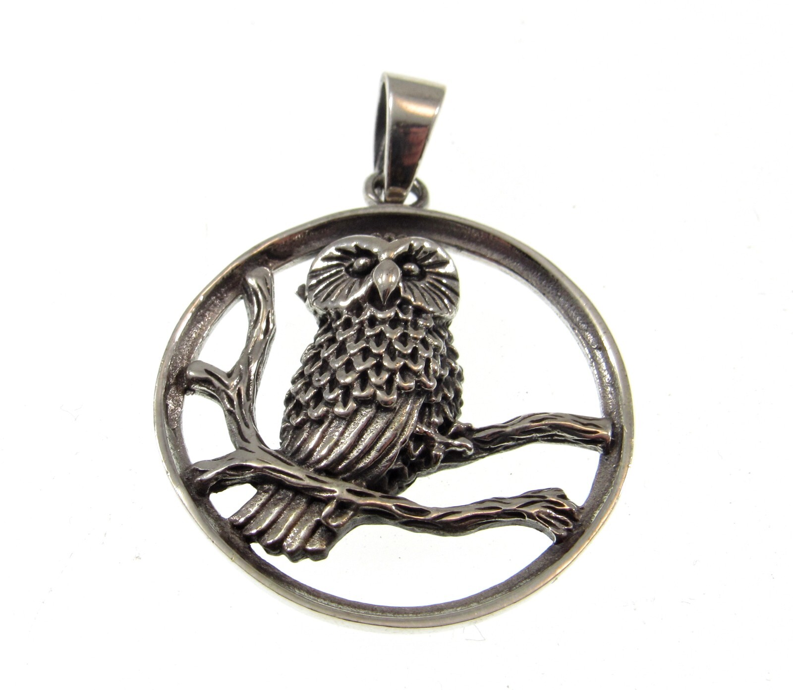 Solid 925 Sterling Silver Owl Perched on Branches Pendant, Forest Nature Jewelry