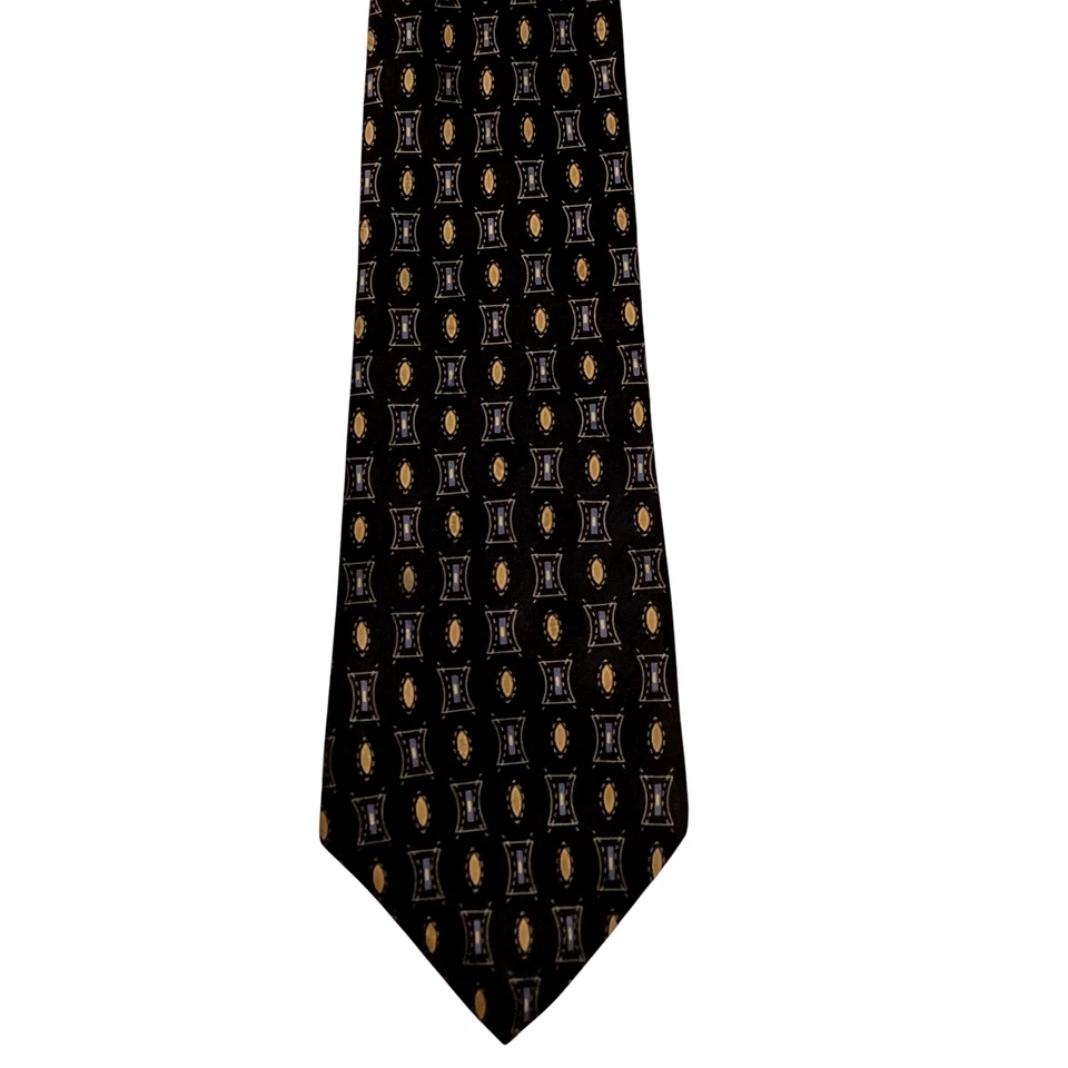 PERRY ELLIS PORTFOLIO Men's 100% Silk Necktie Designer Geometric Black/Gold EUC - Image 2 of 3