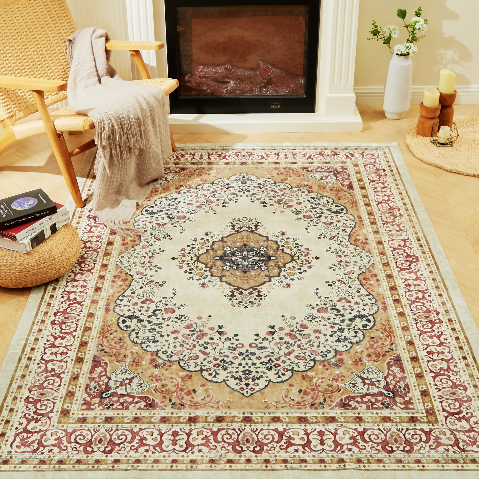 Retro Imitation Cashmere Non-Slip Washable Rug for Living Room Bedroom