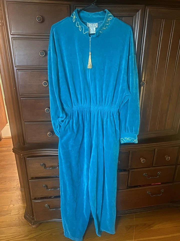 Mono vintage Mid Century moderno años 70 batas de CA talla mediana verde azulado dorado Foto 4 de 4
