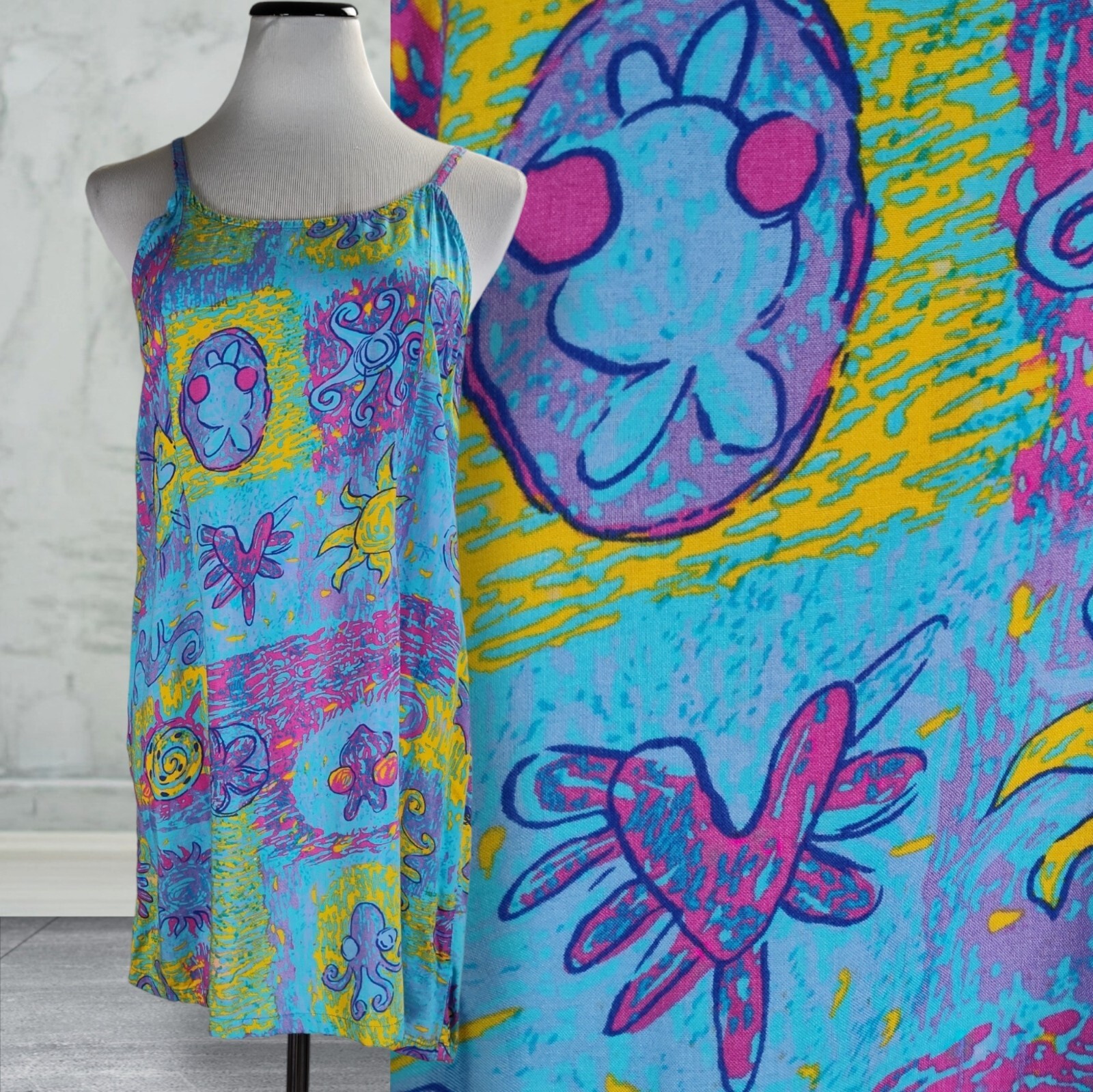 Vintage 90s Colorful Rayon Sundress Coverup Size L Blue Sea Life Tie Back-image