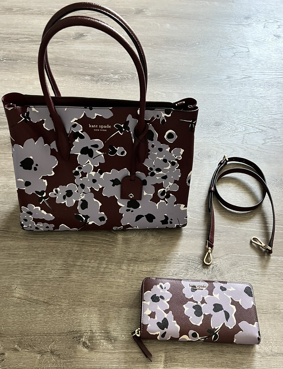 Kate Spade MEDIUM Eva Satchel Handbag Purse DARK PURPLE FLORAL