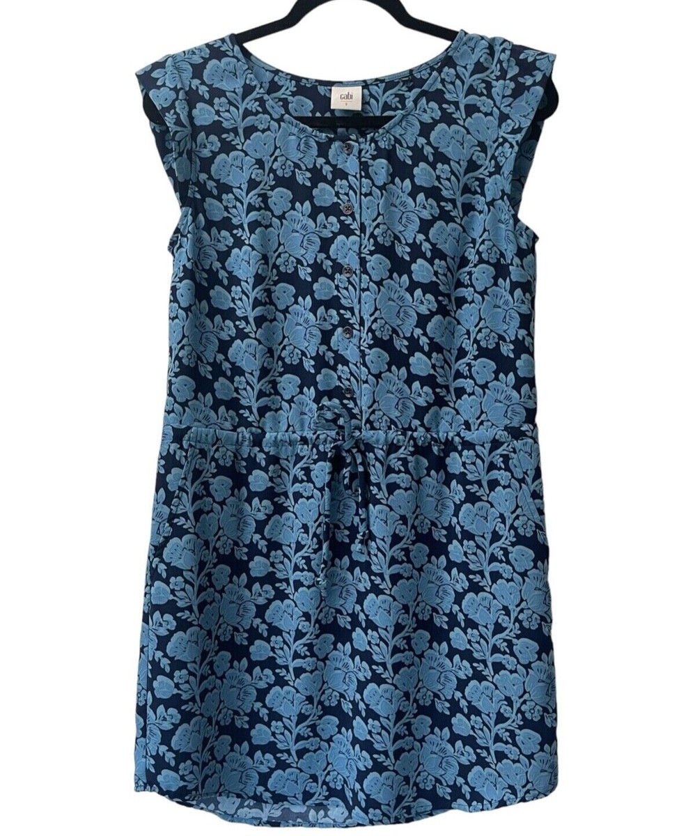 CAbi Blue Floral Java Dress Sz Small Style #5265 Drawstring Waist